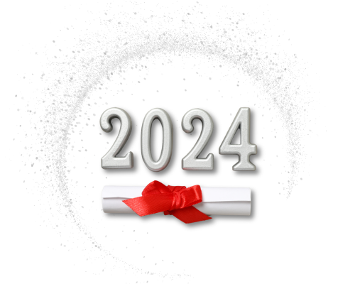 2024 rolled certificate surrounded by circle of silver confetti